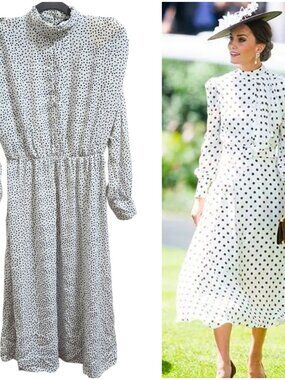 ZARA Polka Dot Midi Dress XS White Black High Neck Long Sleeve Elastic Waist